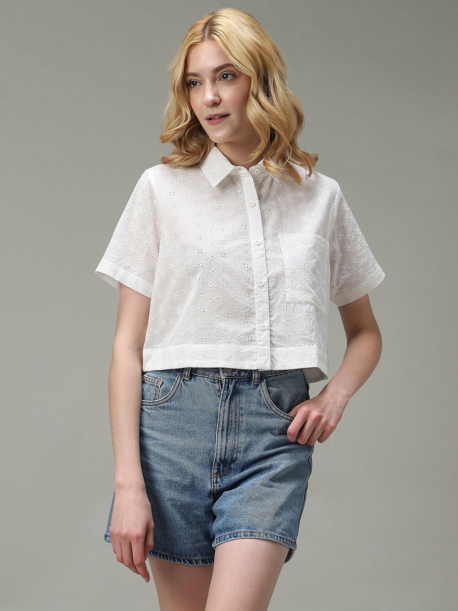 White Schiffli Crop Shirt