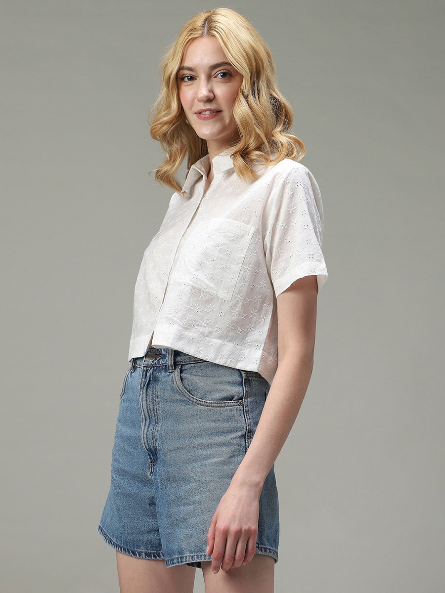 White Schiffli Crop Shirt