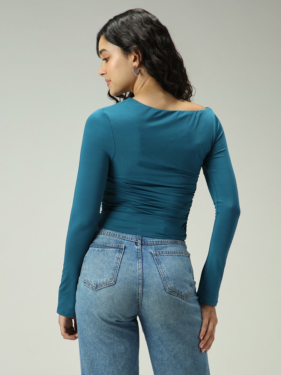 Green Asymmetric Neck Ruched Top