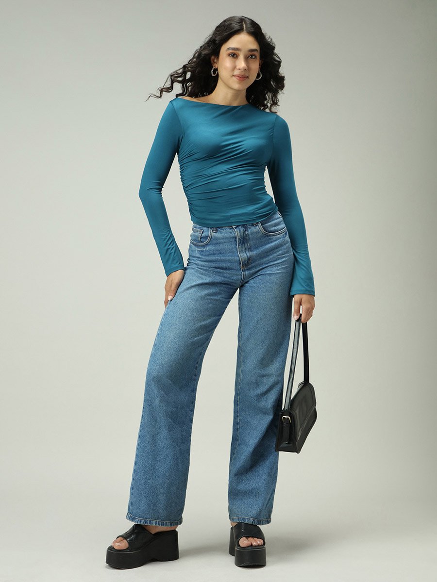 Green Asymmetric Neck Ruched Top