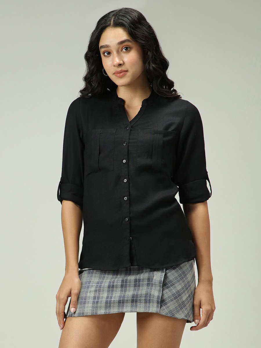 Black Solid Shirt with Roll-Up Sleeves