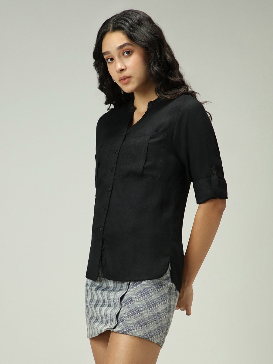 Black Solid Shirt with Roll-Up Sleeves