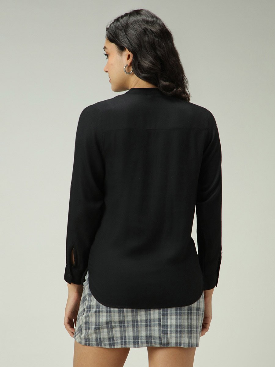 Black Solid Shirt with Roll-Up Sleeves