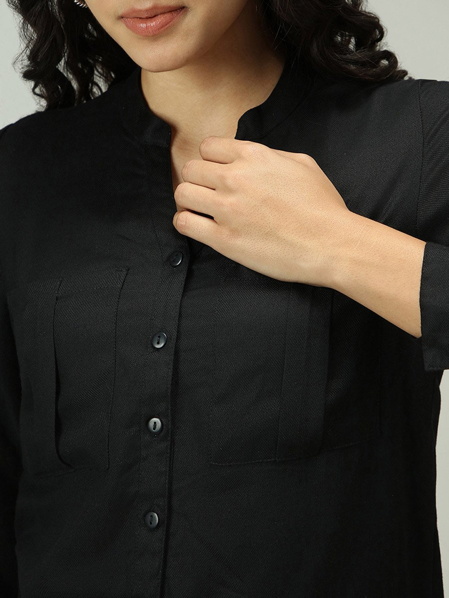 Black Solid Shirt with Roll-Up Sleeves
