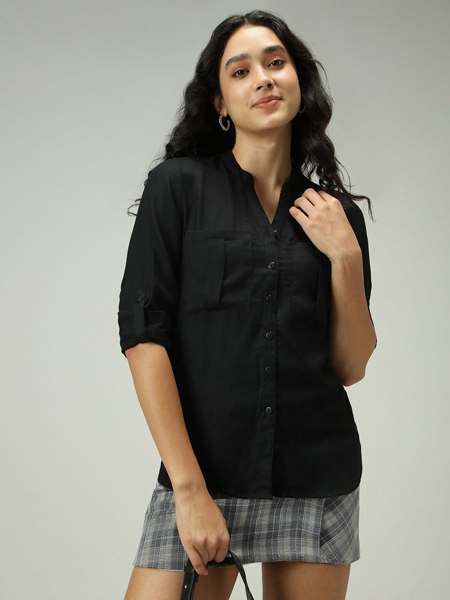 Black Solid Shirt with Roll-Up Sleeves