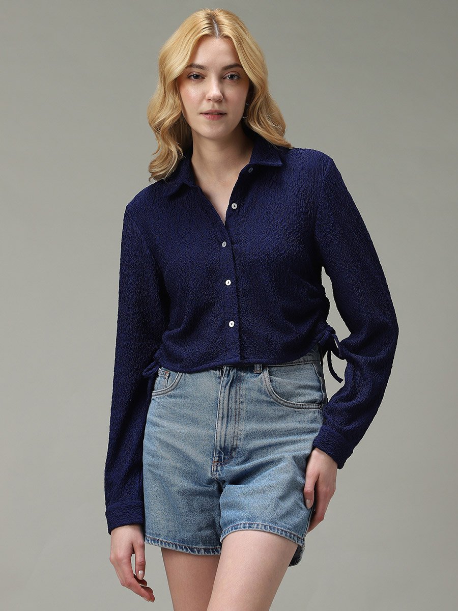 Navy Blue Textured Ruched Crop Shirt