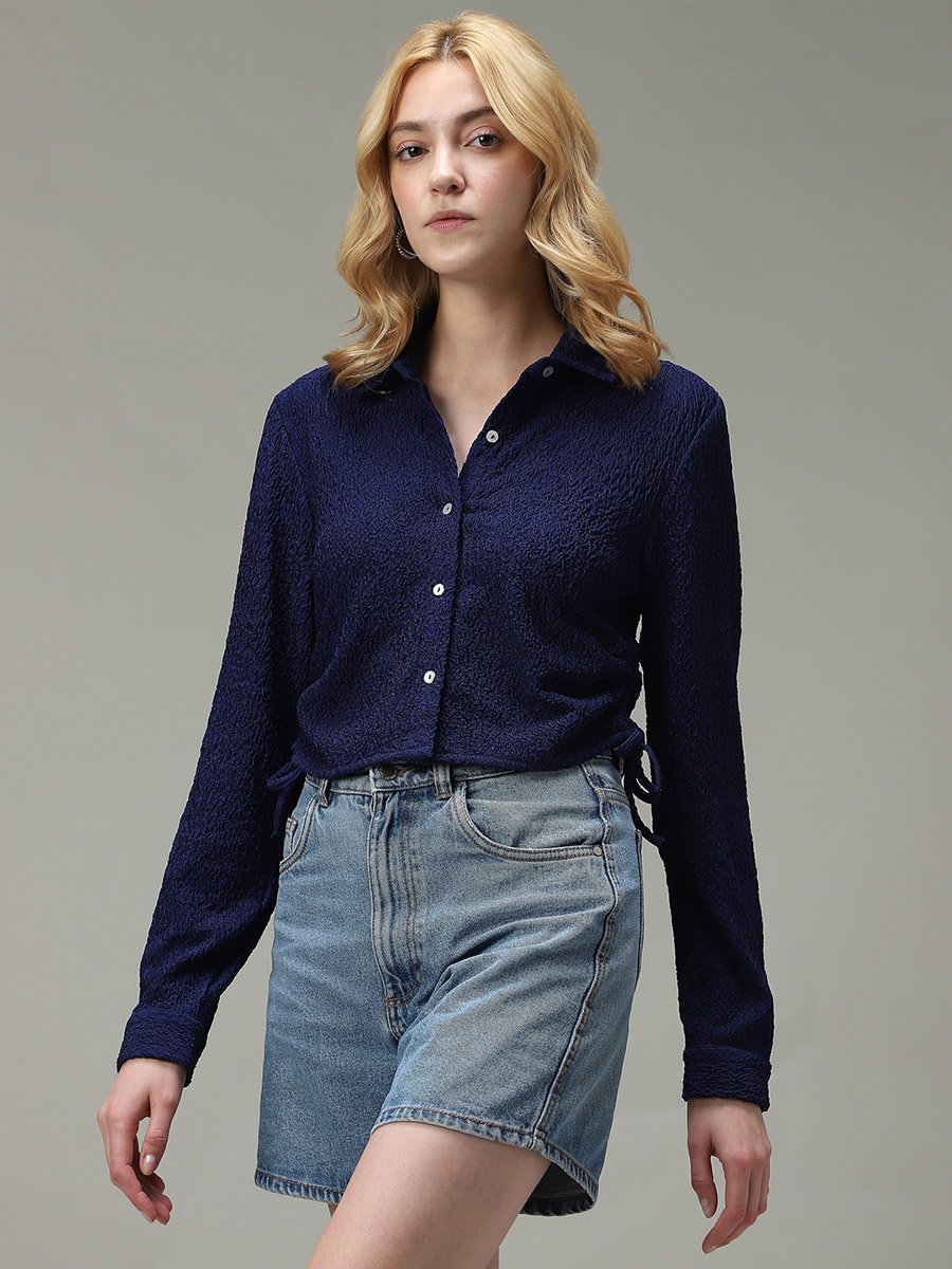 Navy Blue Textured Ruched Crop Shirt