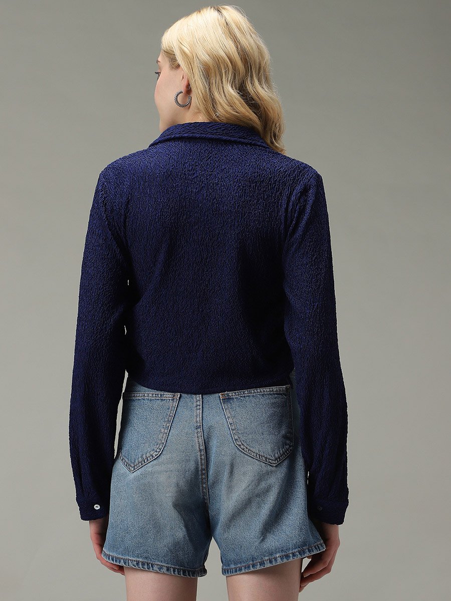 Navy Blue Textured Ruched Crop Shirt