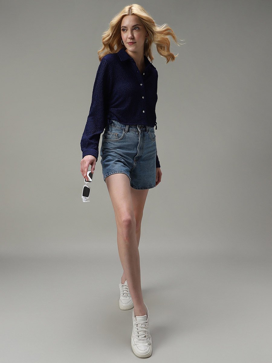 Navy Blue Textured Ruched Crop Shirt