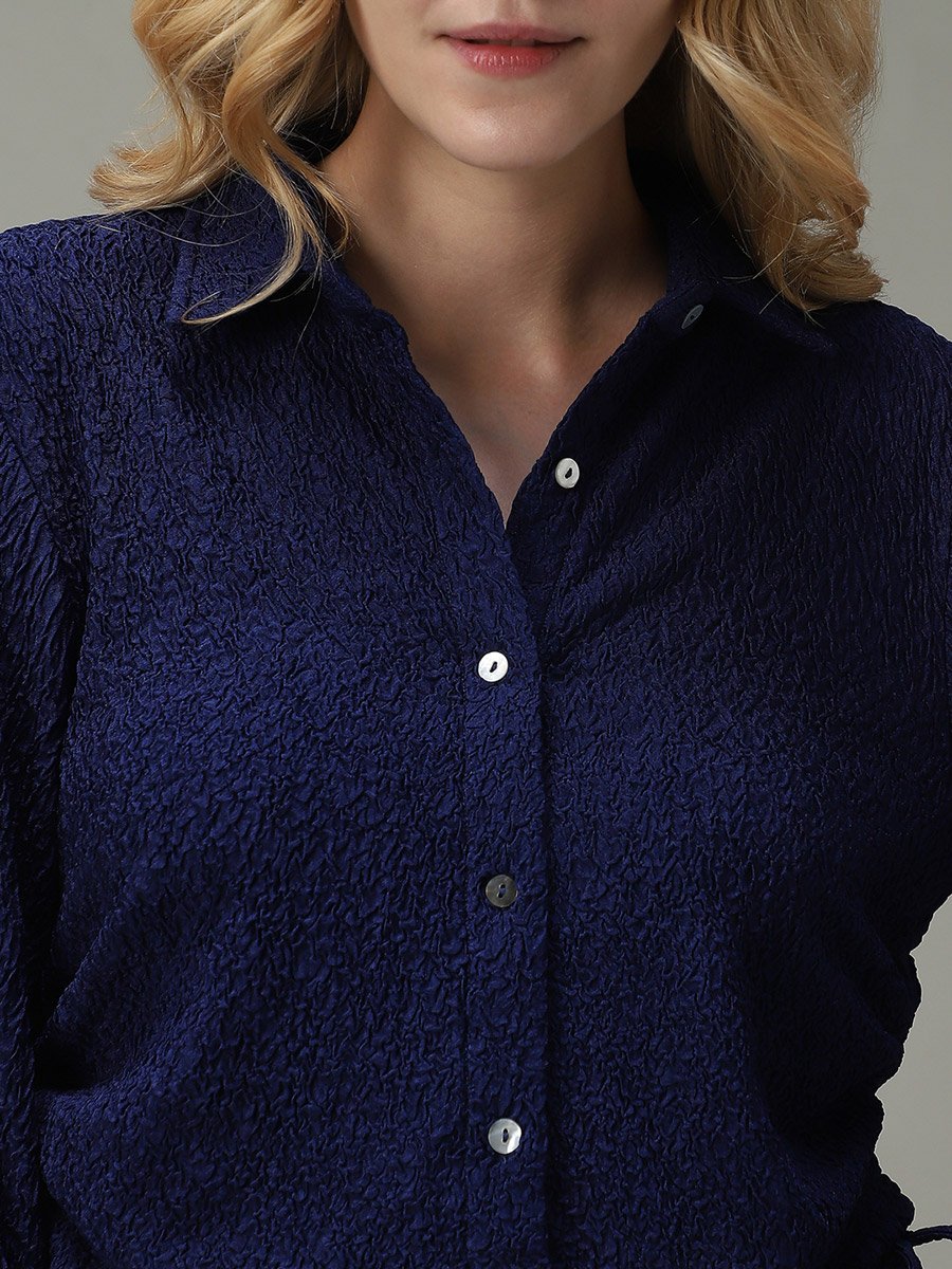 Navy Blue Textured Ruched Crop Shirt
