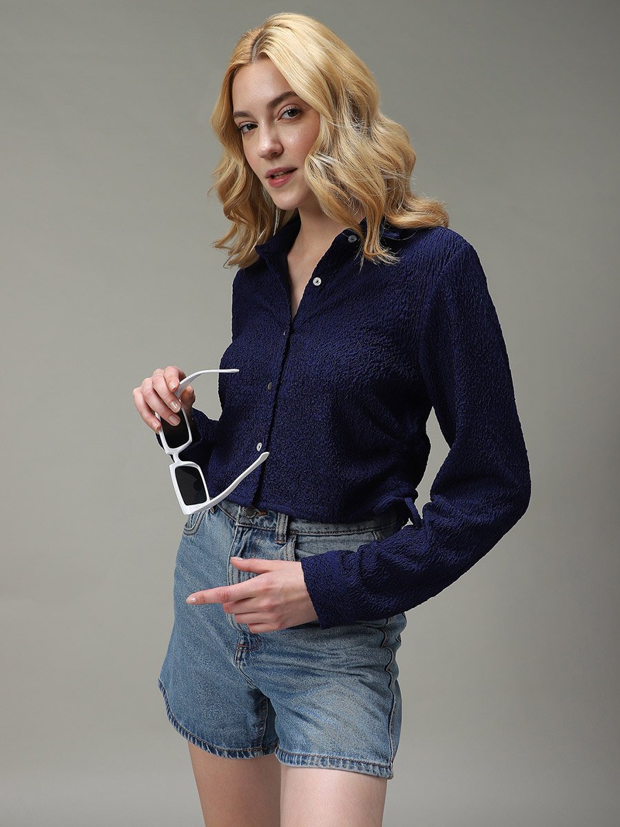 Navy Blue Textured Ruched Crop Shirt