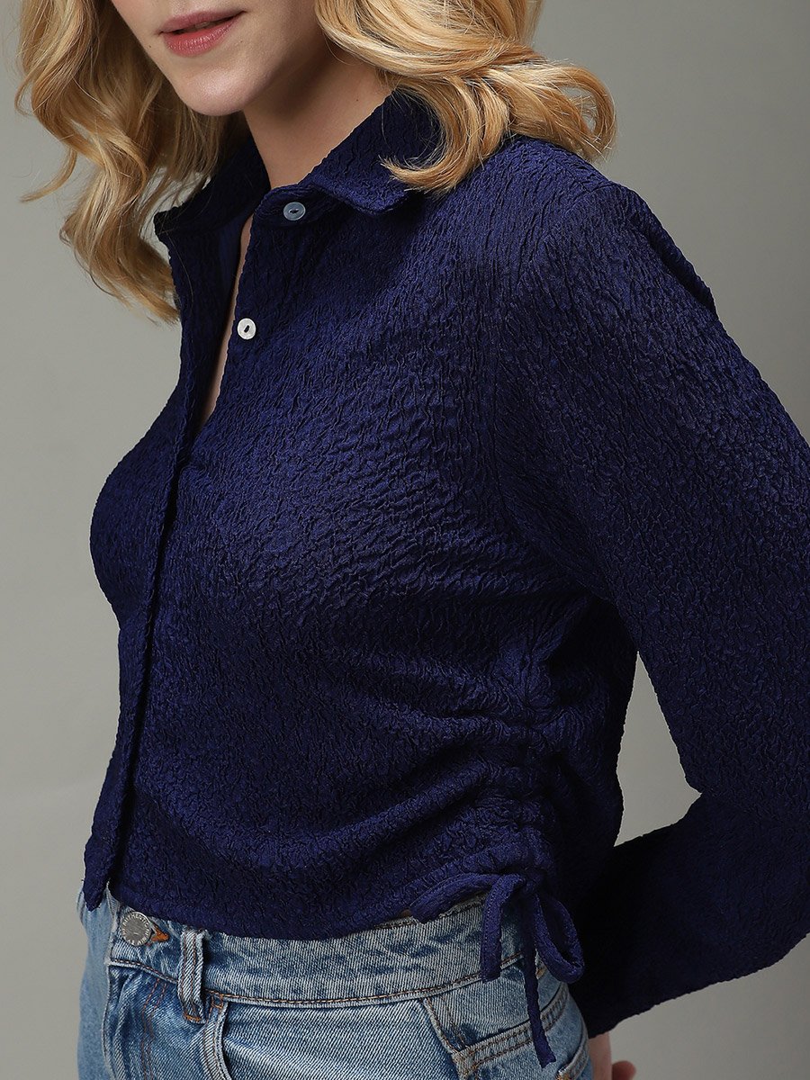 Navy Blue Textured Ruched Crop Shirt