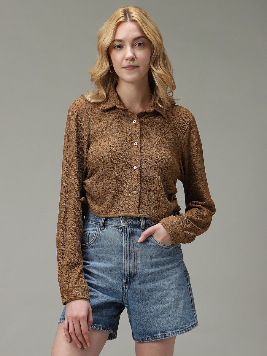 Brown Textured Ruched Crop Shirt