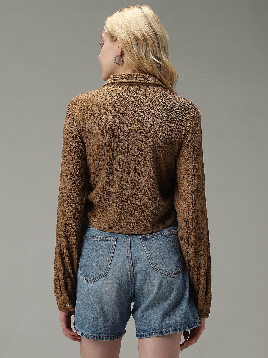 Brown Textured Ruched Crop Shirt