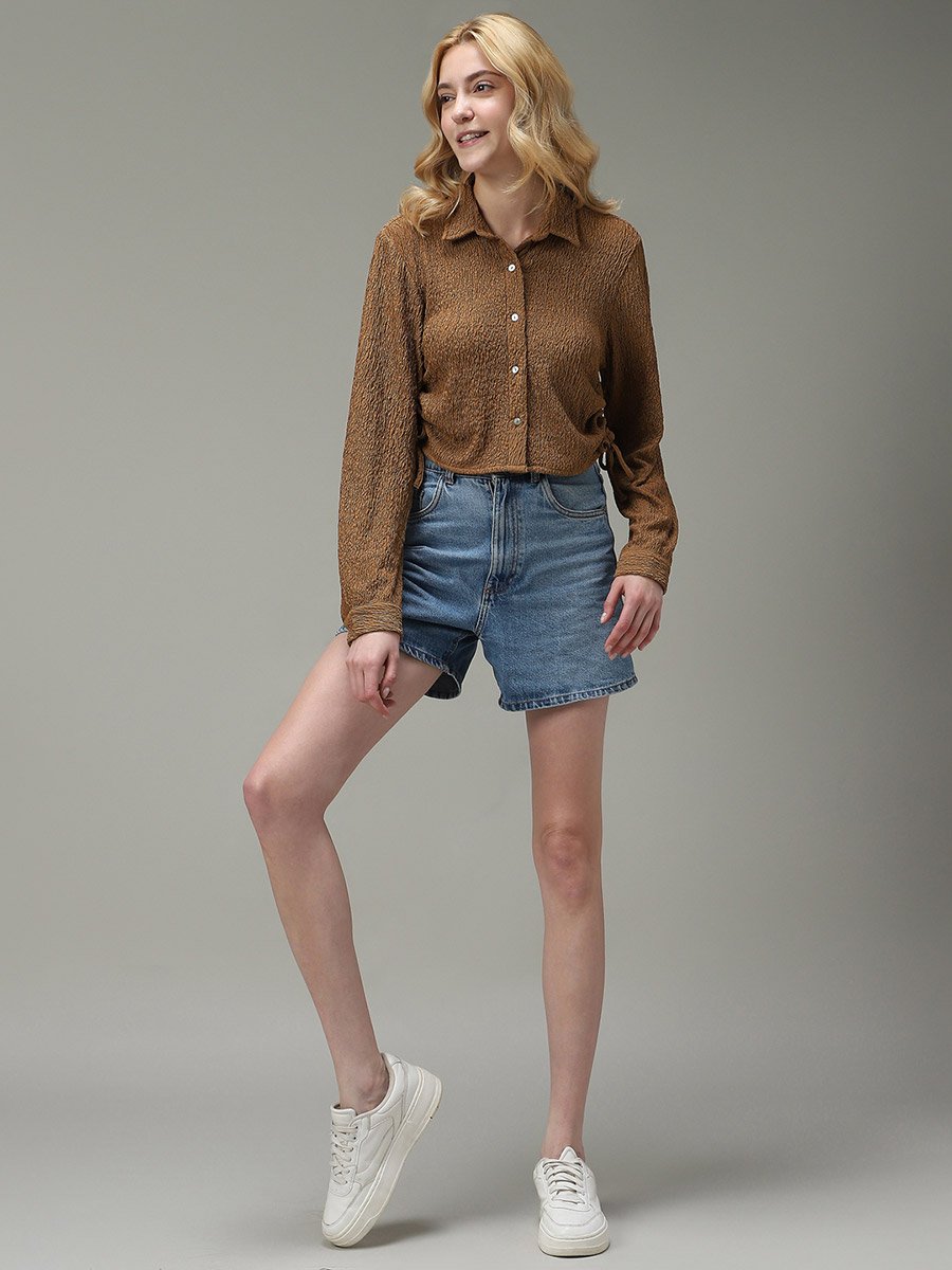 Brown Textured Ruched Crop Shirt
