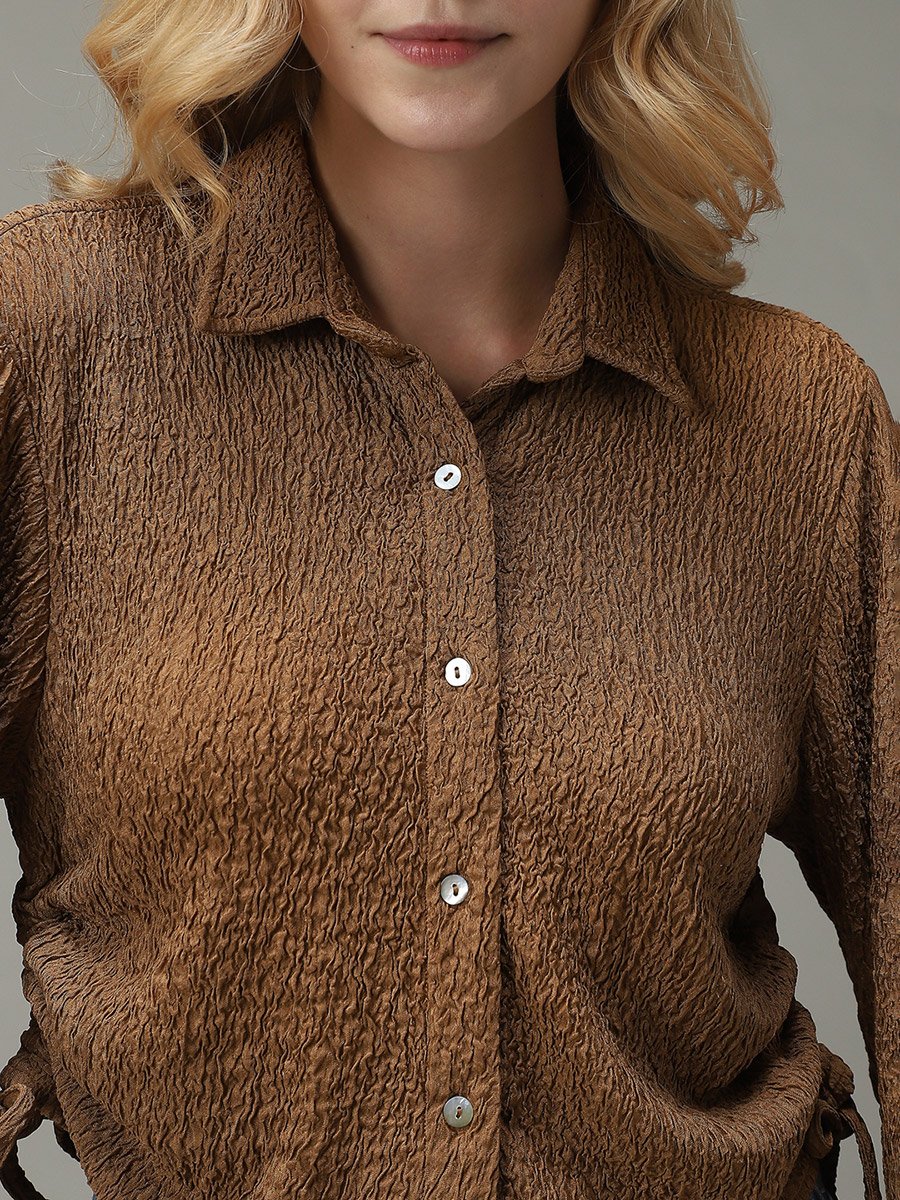 Brown Textured Ruched Crop Shirt