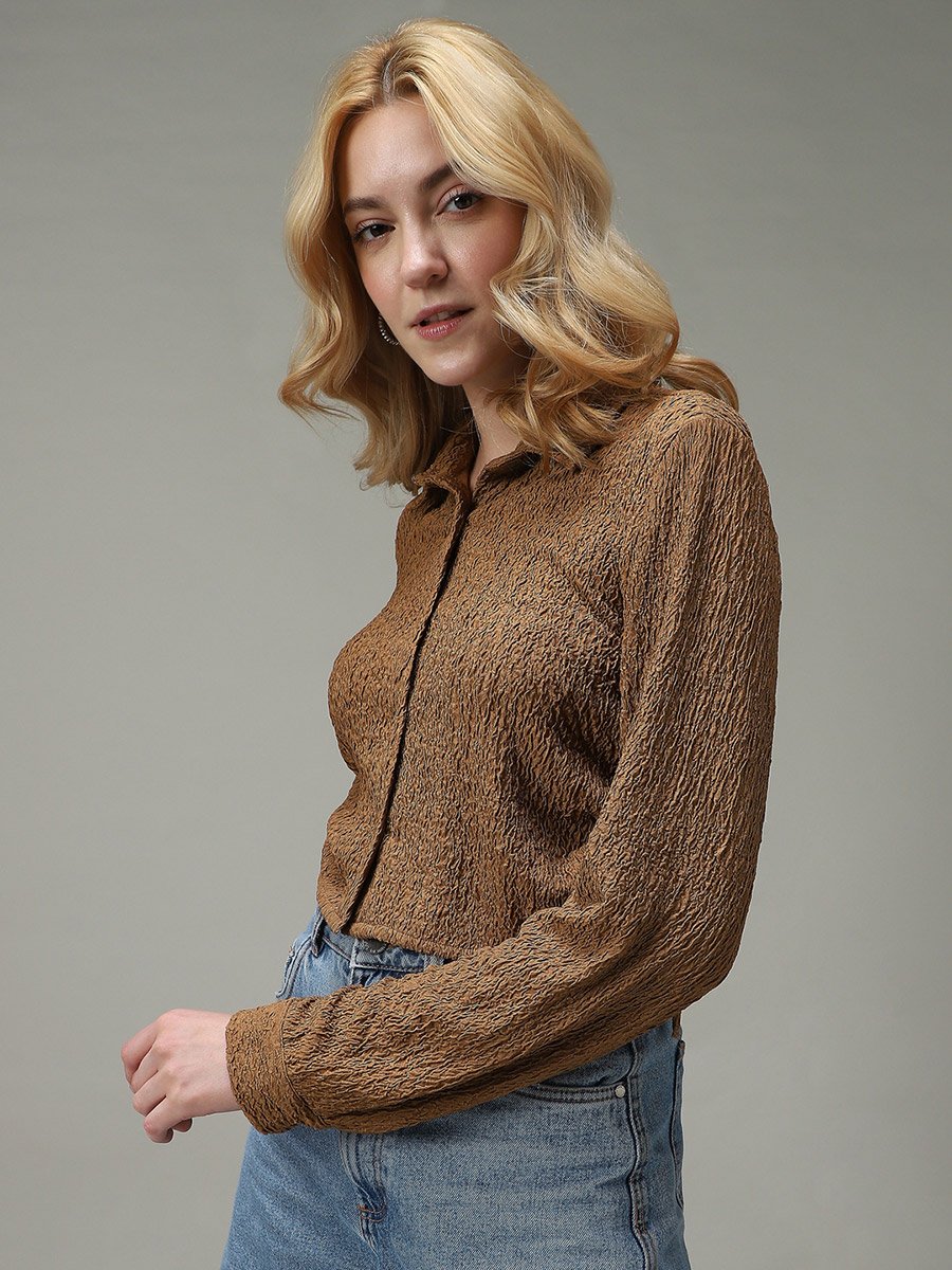Brown Textured Ruched Crop Shirt