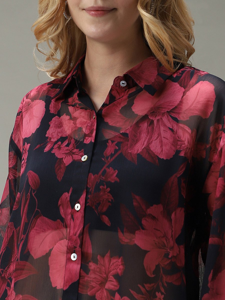 Black Printed Longline Shirt