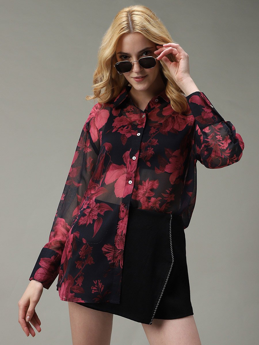 Black Printed Longline Shirt