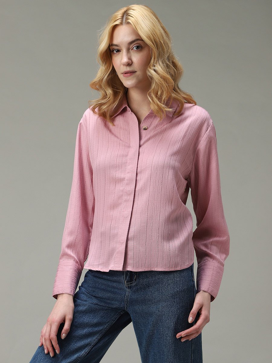 Pink Side Button Detail Textured Shirt