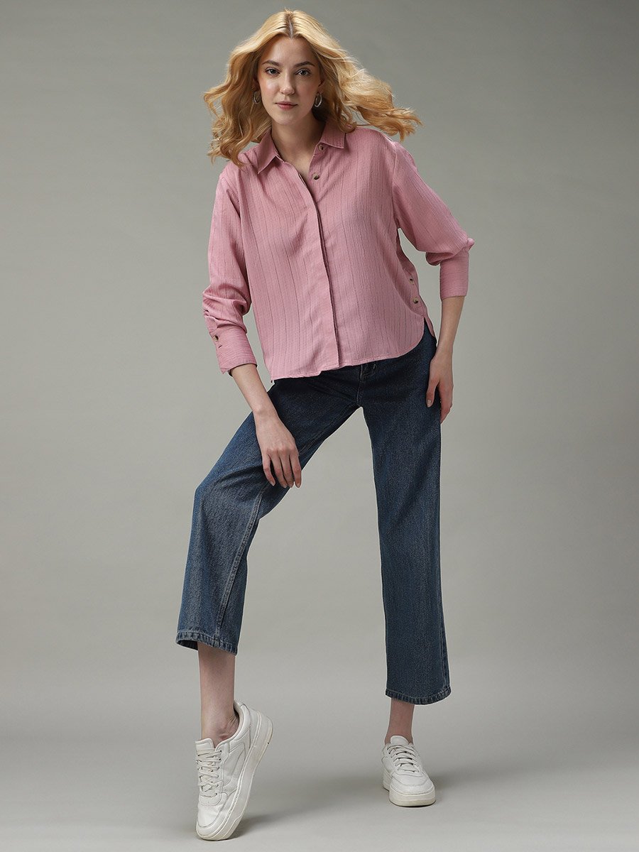Pink Side Button Detail Textured Shirt