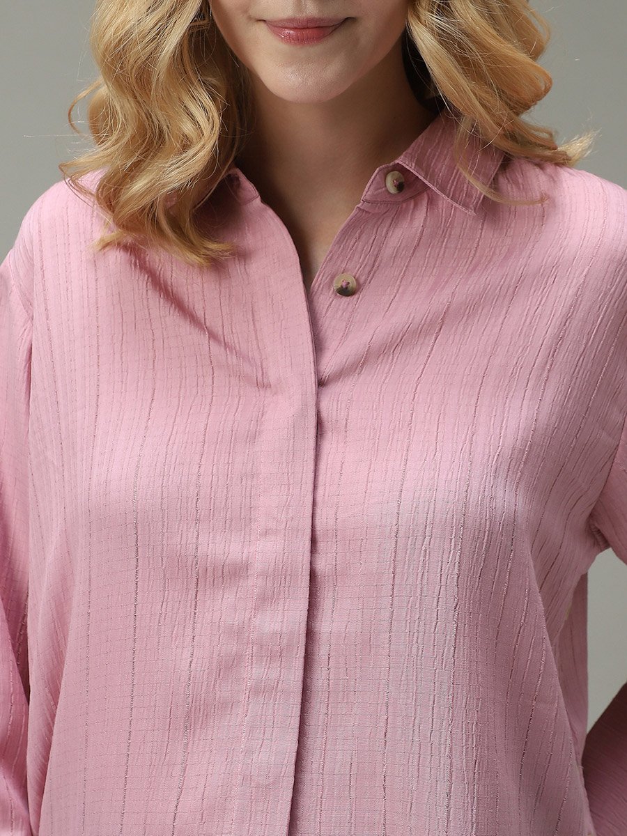 Pink Side Button Detail Textured Shirt