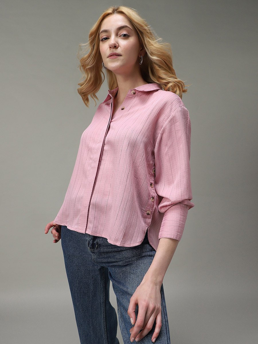 Pink Side Button Detail Textured Shirt