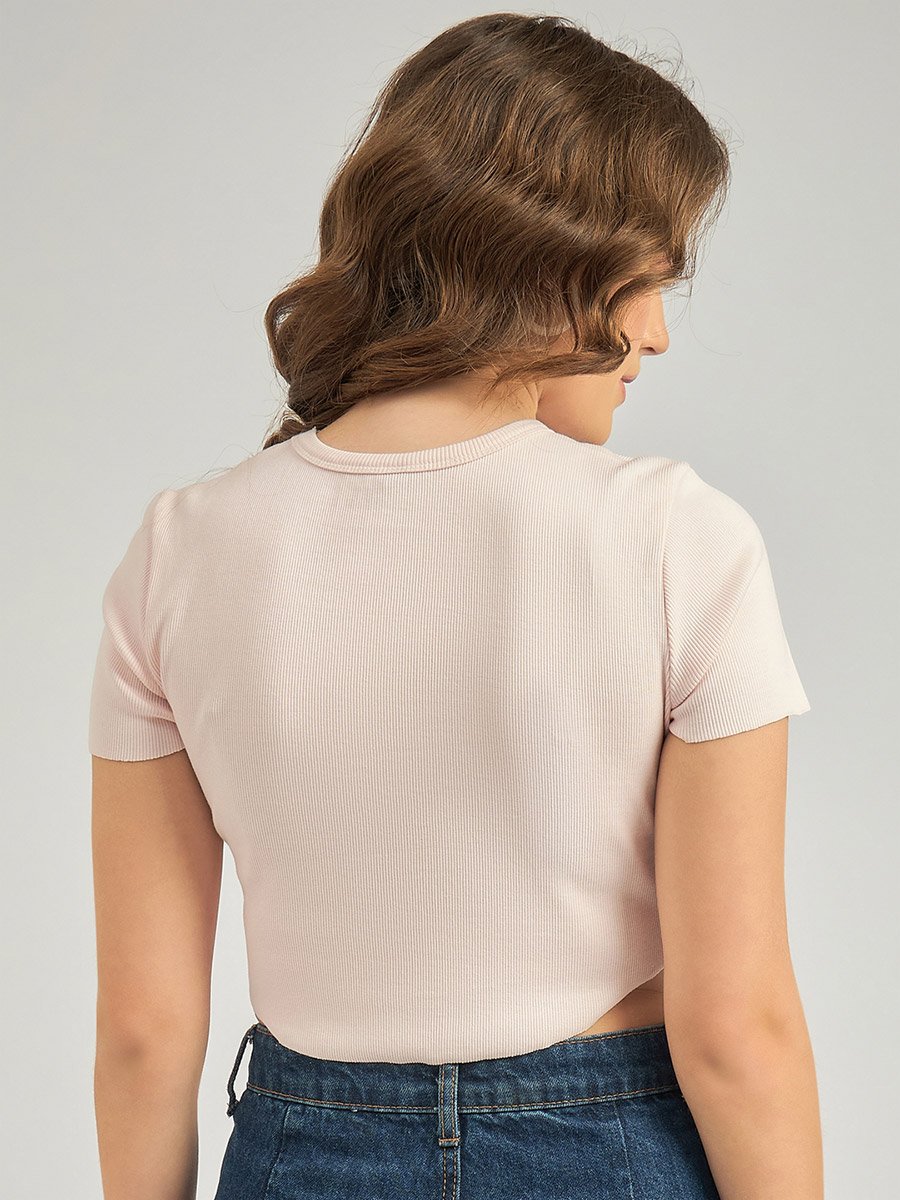 Pink Round Neck Ribbed Top