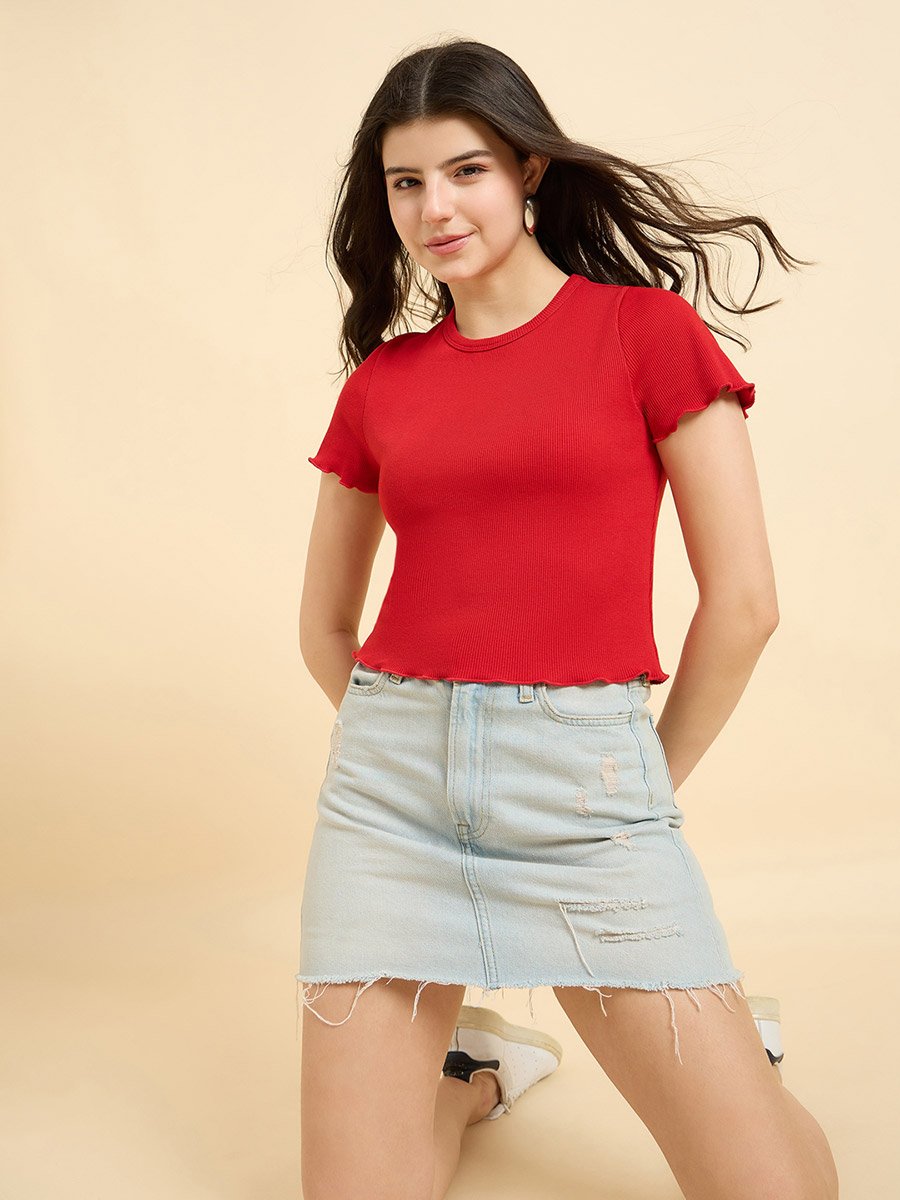 Red Scallop Hem Ribbed Top