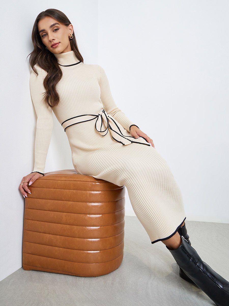 beige contrast color dress Beige Open Twist Back Knit Midi Dress