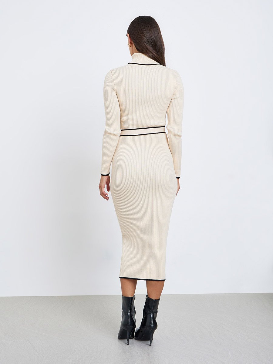 Beige Ribbed Knit Sweater Midi Dress For Women at Bahrain | Styli Beige Ribbed Knit Sweater Midi Dress For Women at Bahrain | Styli