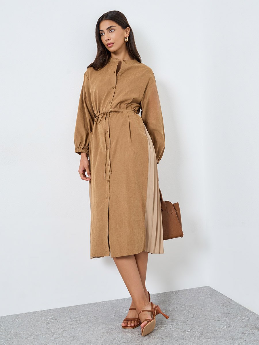 Khaki Balloon Sleeve Buttoned Midi Dress