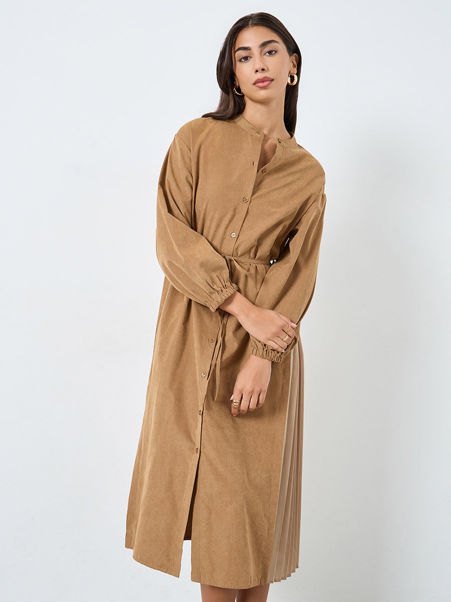 Khaki Balloon Sleeve Buttoned Midi Dress