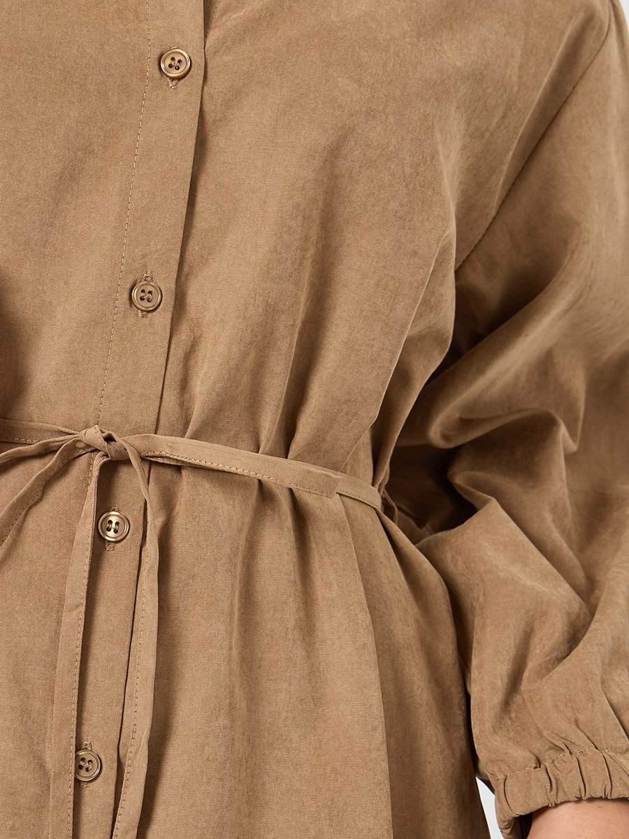 Khaki Balloon Sleeve Buttoned Midi Dress