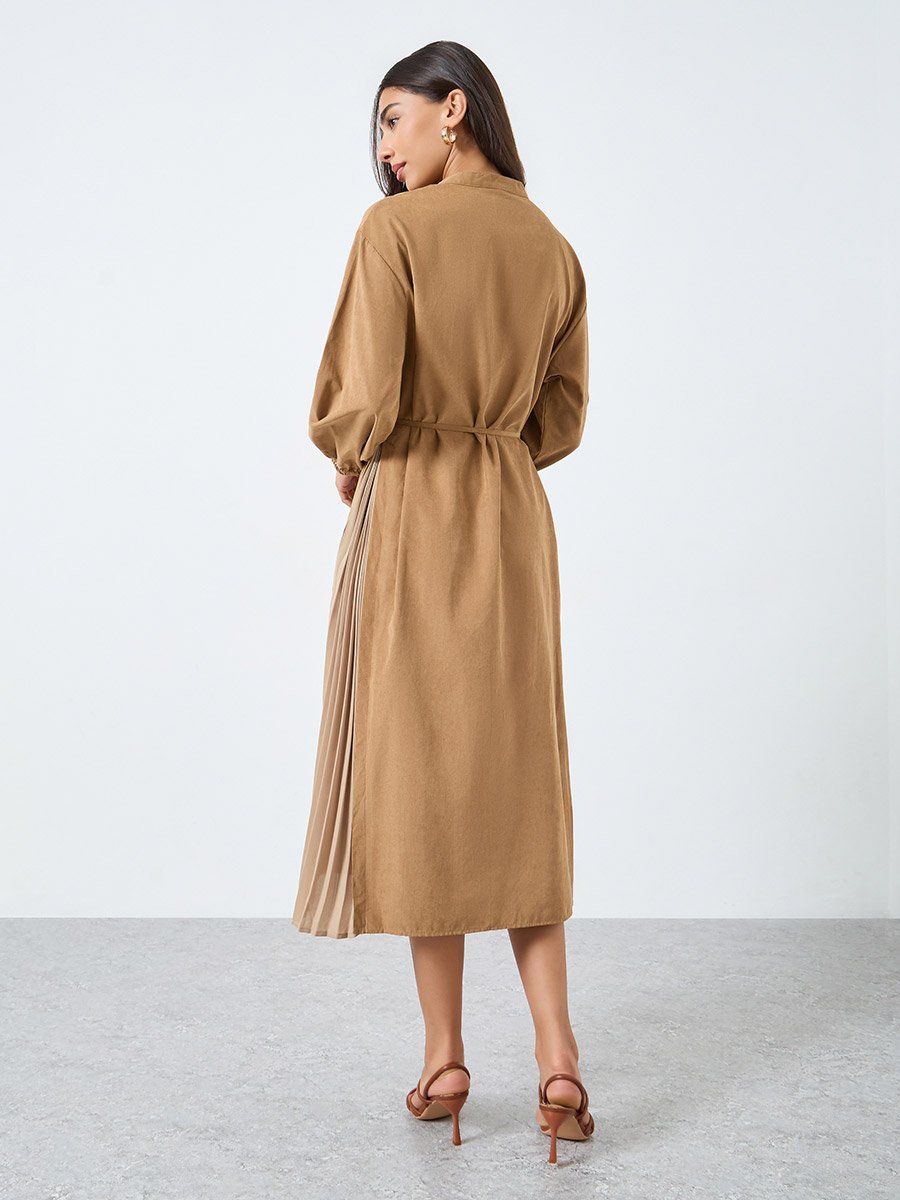 Khaki Balloon Sleeve Buttoned Midi Dress
