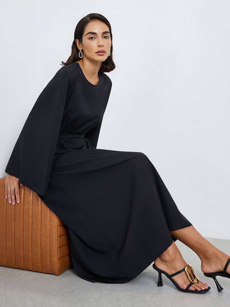 Black A-Line Maxi Dress with Tie Belt