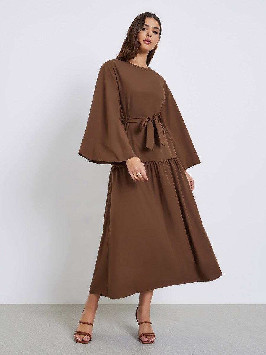 brown midi dress sleeves Brown Shimmer Mesh Long Sleeve Ruched Midi Dress