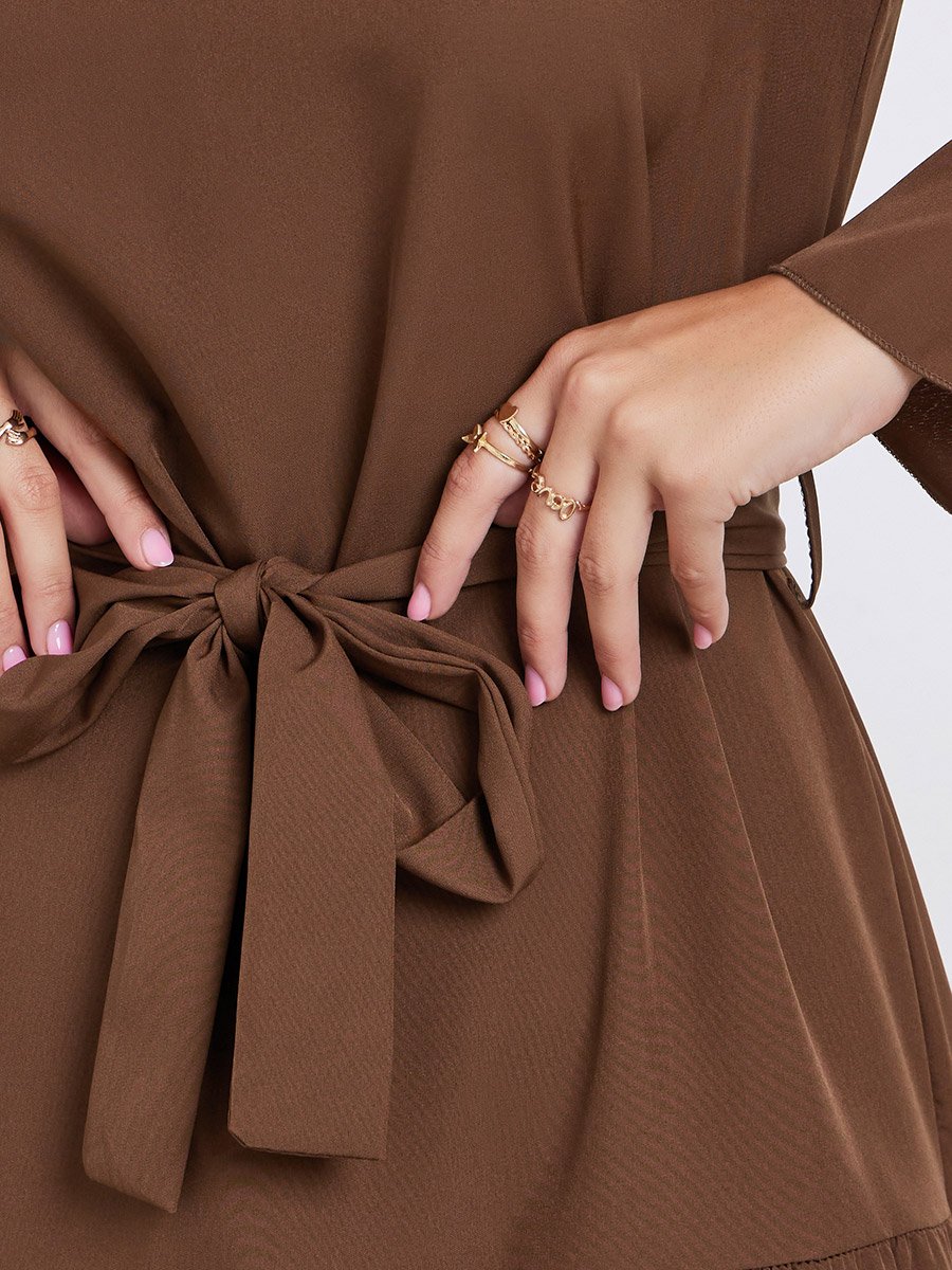 Brown Midi Dress with Flute Sleeves
