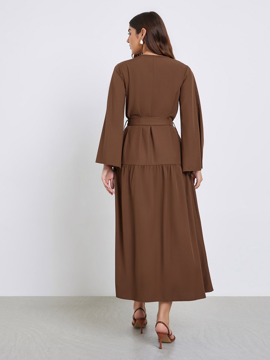 Brown Midi Dress with Flute Sleeves