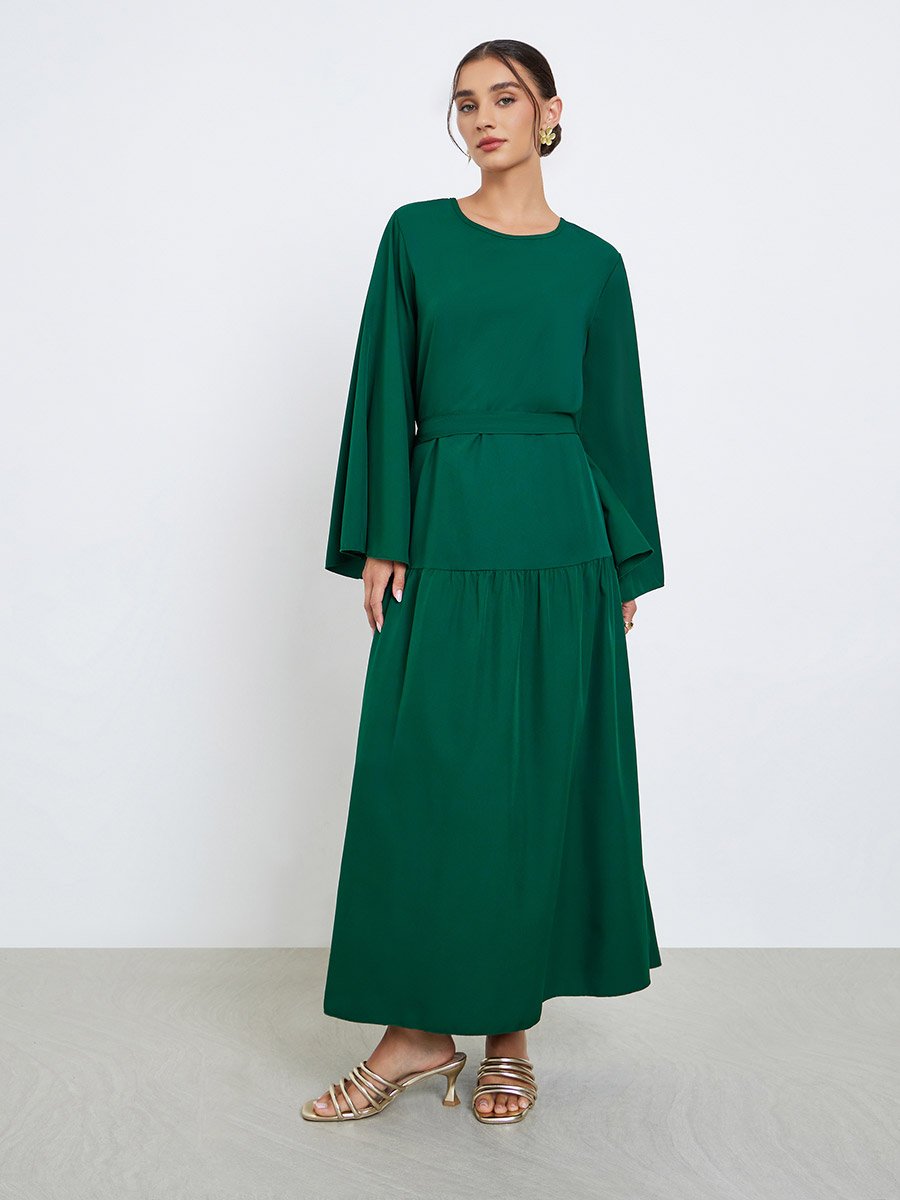Green Solid Bell Sleeve A-Line Midi Dress