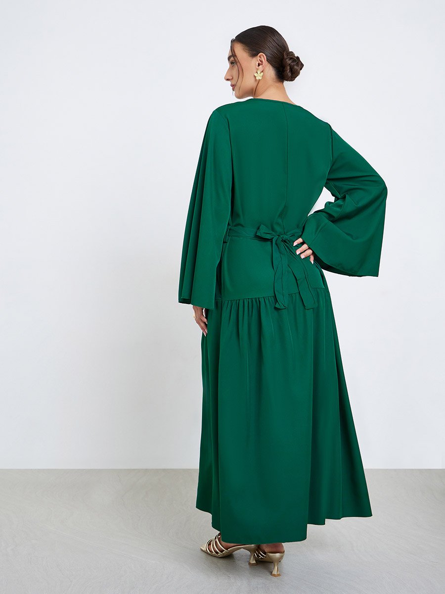 Green Solid Bell Sleeve A-Line Midi Dress For Women at Kuwait | Styli