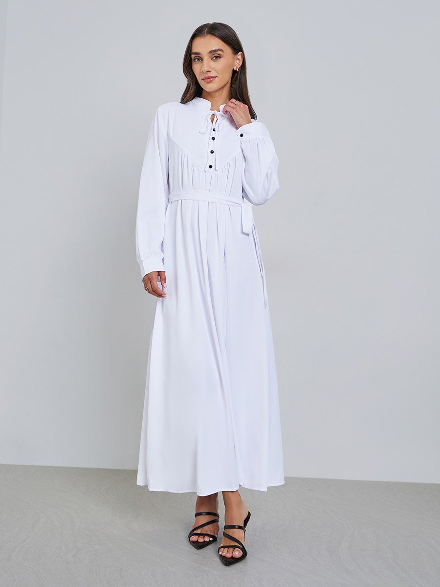 White Solid Tie Neck Long Sleeve Midi Dress