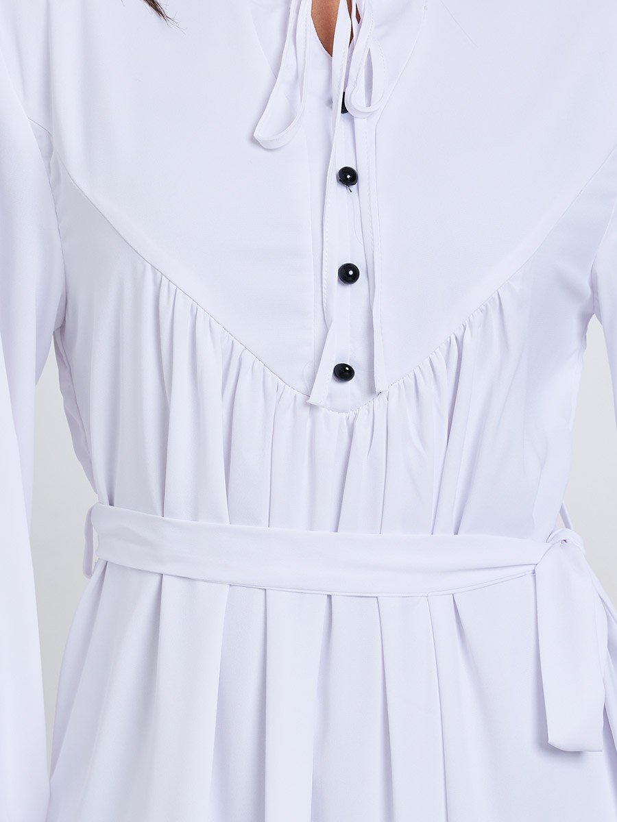 White Solid Tie Neck Long Sleeve Midi Dress