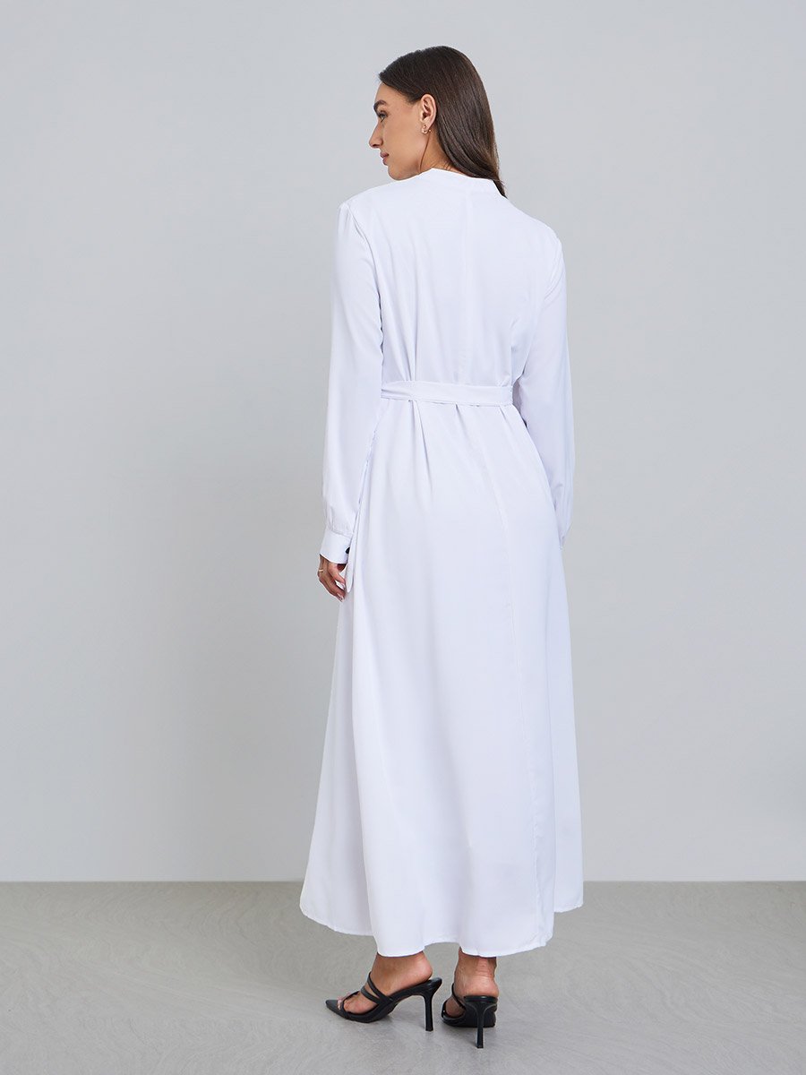 White Solid Tie Neck Long Sleeve Midi Dress