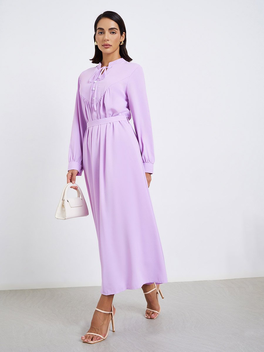 Lilac Stand Collar Maxi Dress with Tie Belt