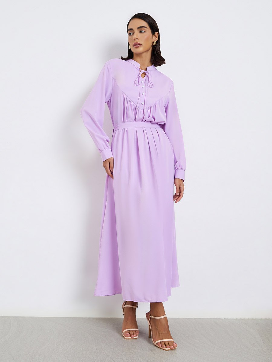 Lilac Stand Collar Maxi Dress with Tie Belt