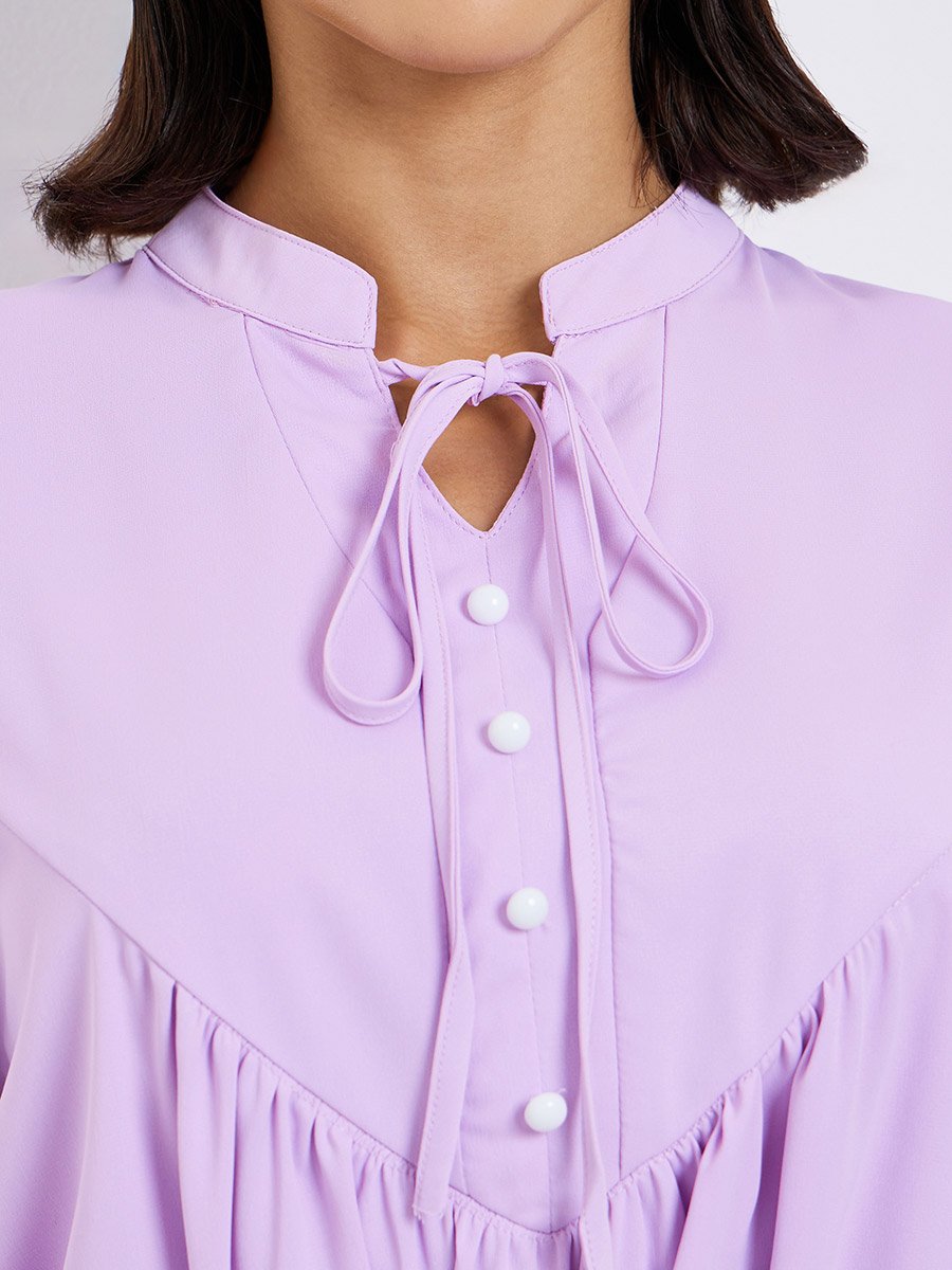 Lilac Stand Collar Maxi Dress with Tie Belt