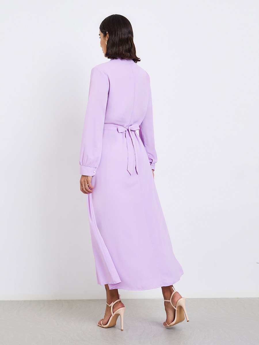 Lilac Stand Collar Maxi Dress with Tie Belt