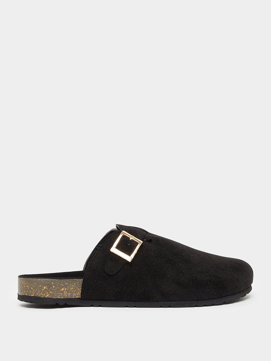 Men Black Suede Comfort Mules with Buckle