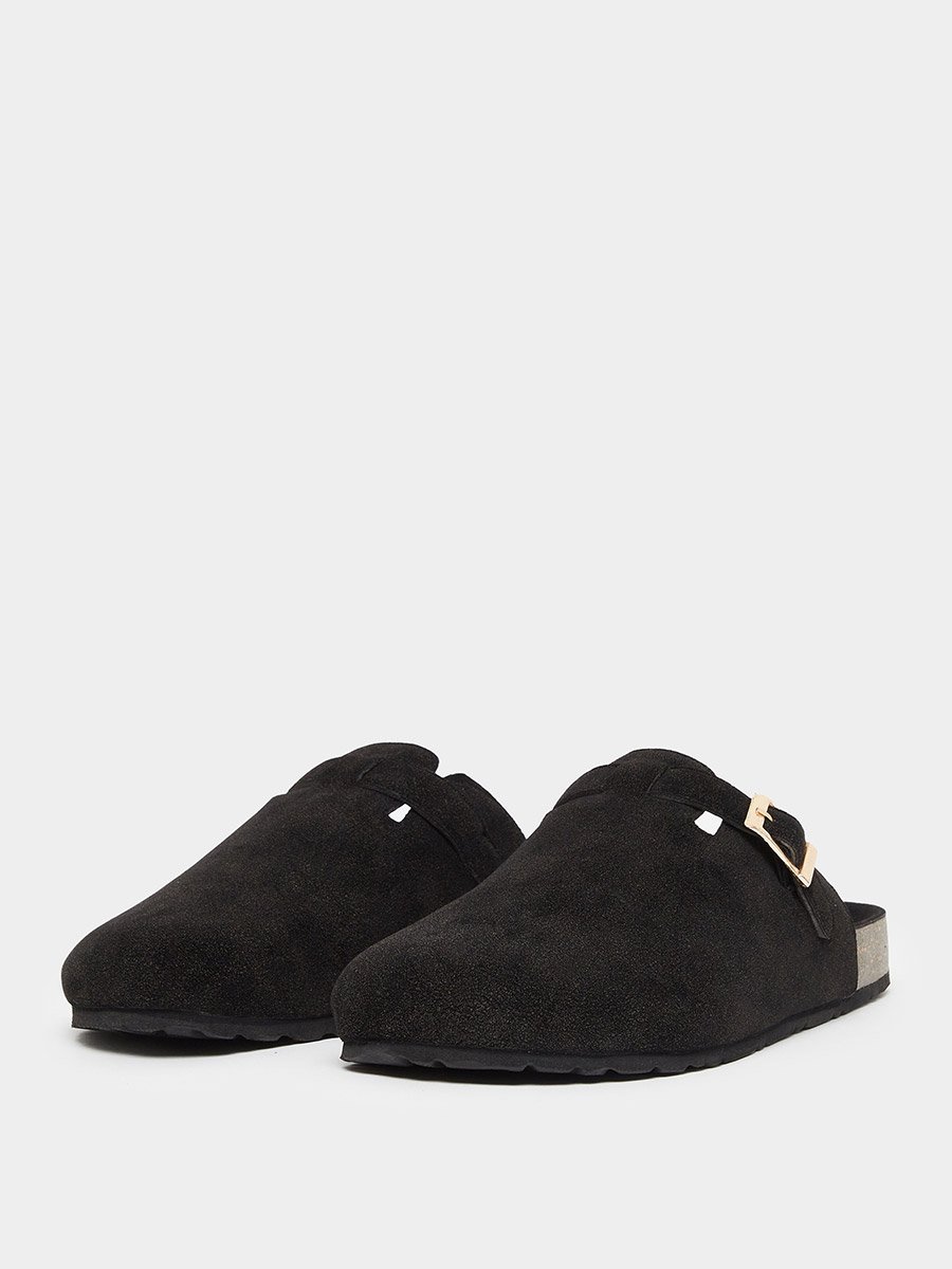 Men Black Suede Comfort Mules with Buckle